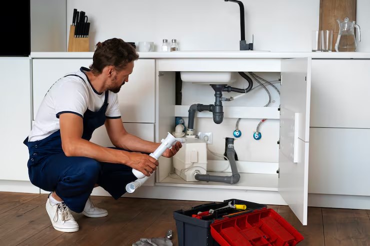 Plumber repairing the pipes under a kitchen sink
