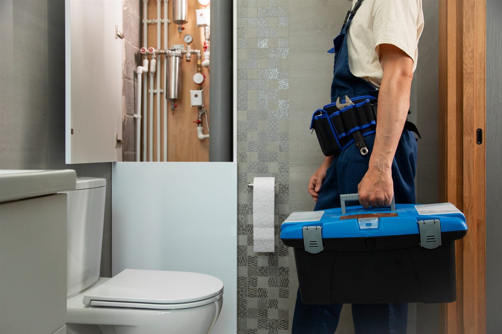 Plumber carrying a toolbox into a bathroom